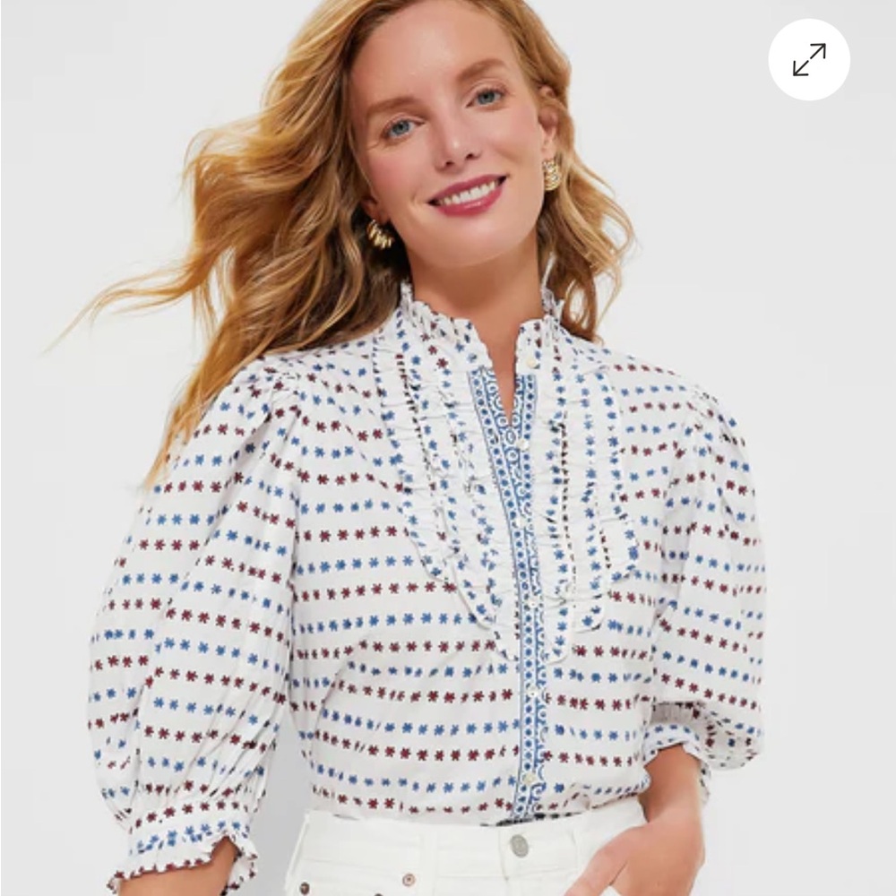 NWT Oliphant Ellis Blue Ruffle Front Blouse - Picture 1 of 10